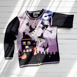 Halloween sweater 90s vtg Storybook Knits haunted house ghost cardigan sweater S